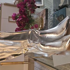 Silver Women's Knee-High Boots - Kitten Heel